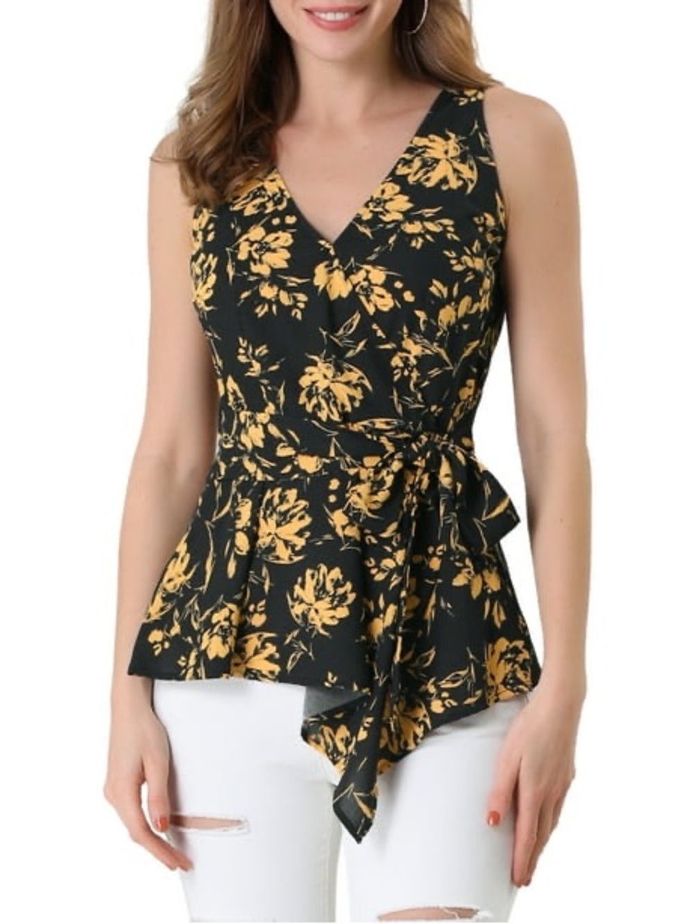 Allegra K Sleeveless Black & Yellow Floral Tie-Waist Peplum Top